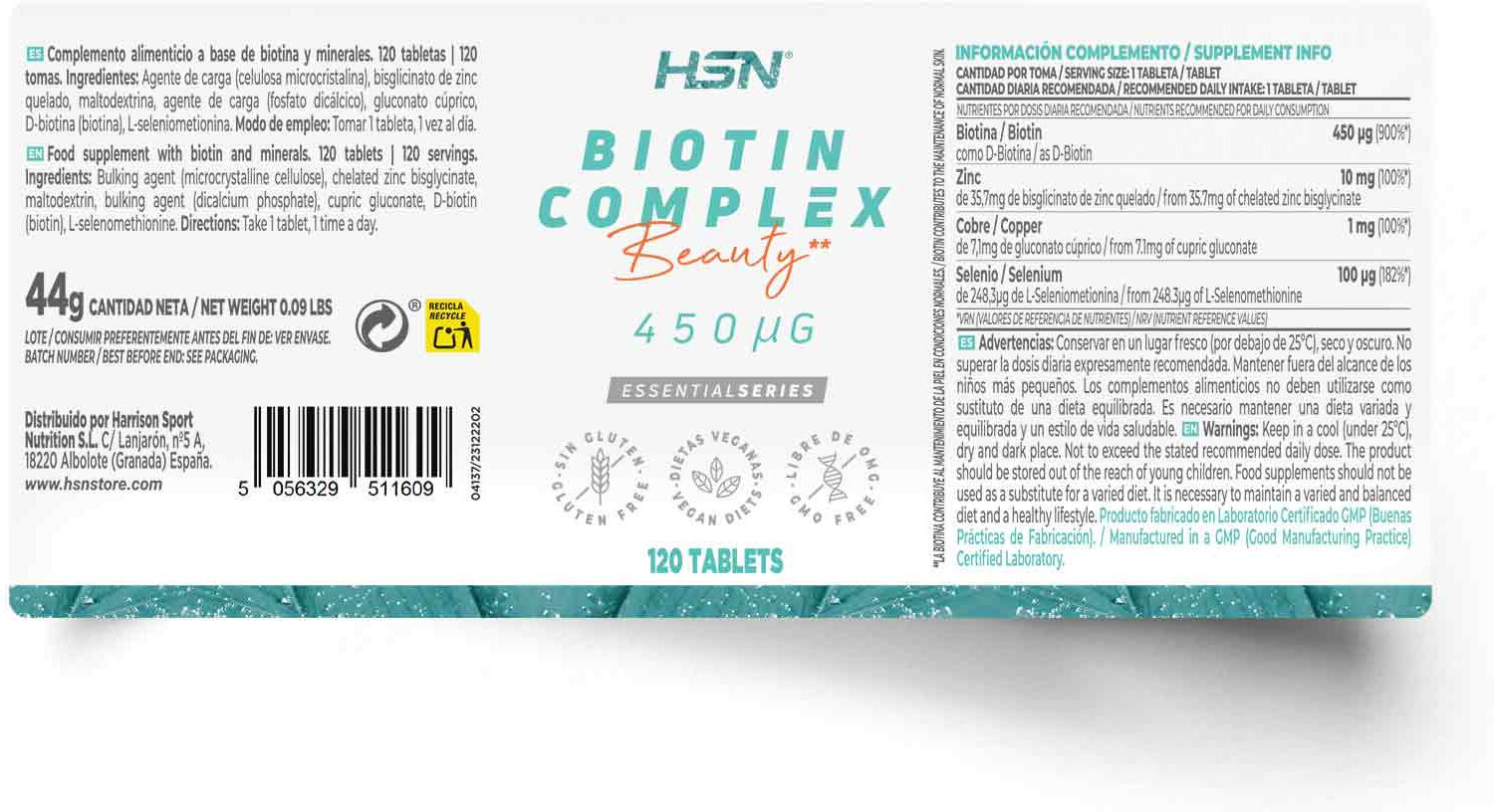HSN Biotina complex 450mcg - 120 tabs - Nutricosmética - Tabletas - 120  Servicios