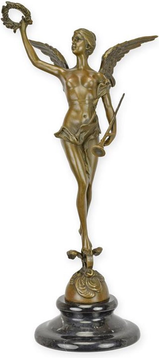 Bronzen beeld Winged Victory met krans op marmeren voet – Klassiek decoratief sculptuur – Hoogte: 37,5 cm