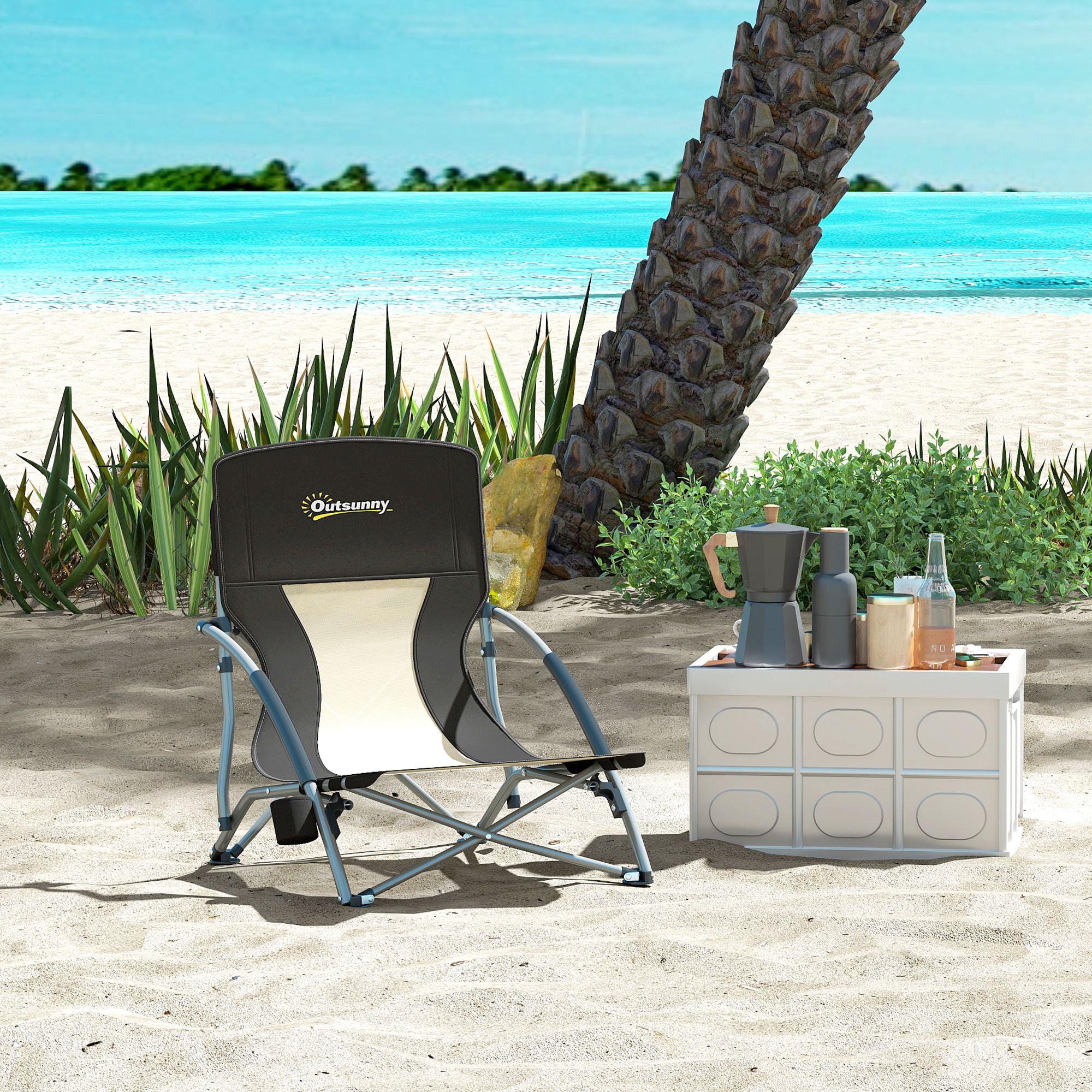 Outsunny Sedia da Spiaggia e Campeggio Pieghevole con Schienale a Rete, Nero   Aosom Italy
