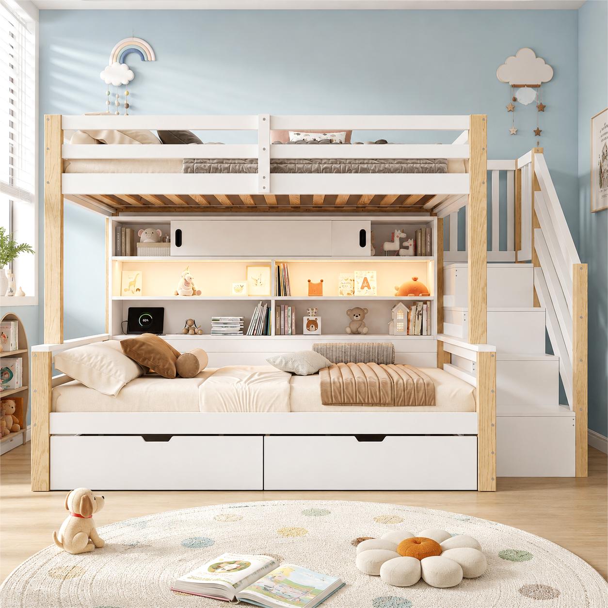 Etagenbett 90 x 200 cm, mit Stauraumtreppe, LED Beleuchtung, USB Anschluss, Type C Anschluss, Kiefernholz, Weiß