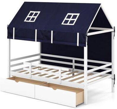 Costway Twin House Bed with Tent and 2 Storage Drawers for Kids-White