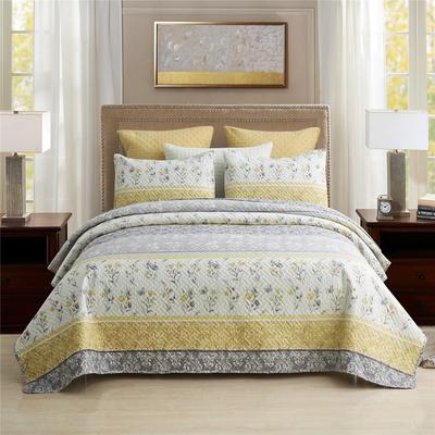 JML 3 Piece Gray Yellow Stripe Quilt Set Floral Reversible Bedspread