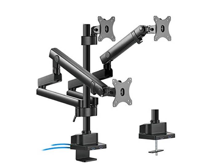 Maclean MC-811 3-voudige monitorhouder met gasveer tafelhouder monitorarm monitorstandaard VESA 75x75 100x100 17-27 voor 3 monitoren + 2X USB 3.0