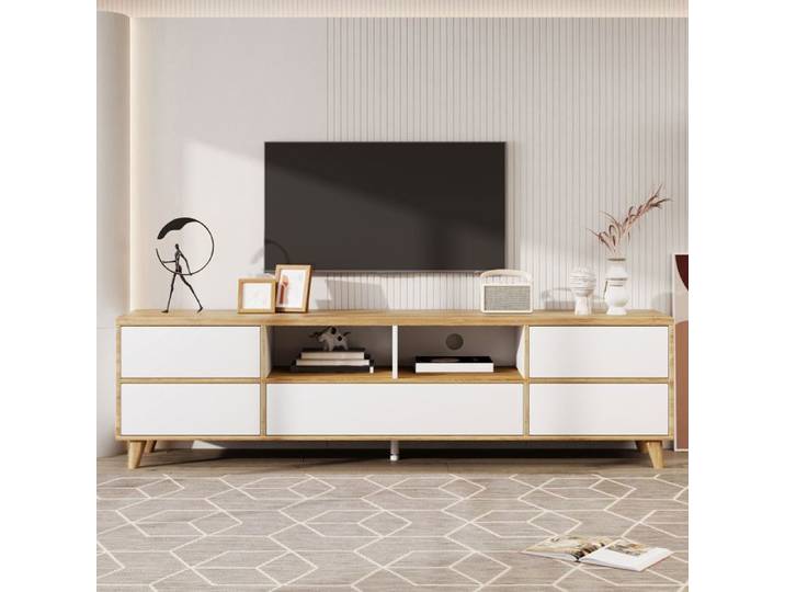 Meuble TV 175x37x51cm - Blanc & Effet Bois - Portes & Étagères - Design Moderne Minimaliste