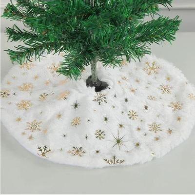 Uplifted Finds 15 Inch White Faux Fur Christmas Tree Skirt   Premium Sequin Round Xmas Mat & Holiday Party Infrastructure gold Snowflake