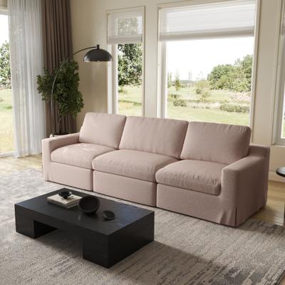 HELIA 3-Seater Modular Sectional Couch, Premium Linen Fabric, Deep Seat curved recessed arms
