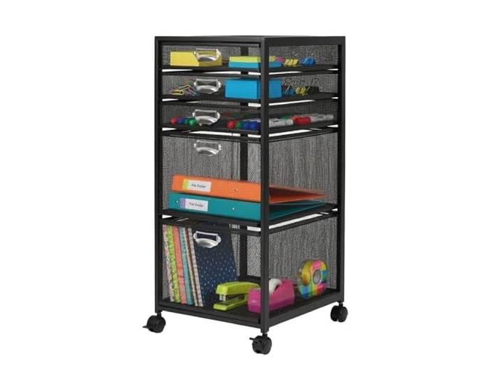 Caisson à roulettes Relaxdays\, 5 tiroirs\, design en maille\, H x L x P : 59 x 27\,5 x 35 cm\, caisson de bureau\, noir