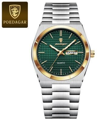 Youfap Market Original Luminous Men's Quartz Watch, Waterproof Stainless Steel, Fashionable Design gold Green