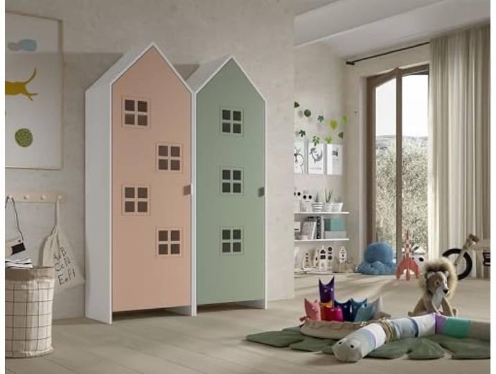 möbelando Kleiderschrank >CASAMI Bruges< in Korpus Weiß/Front Pink u. Grün, MDF