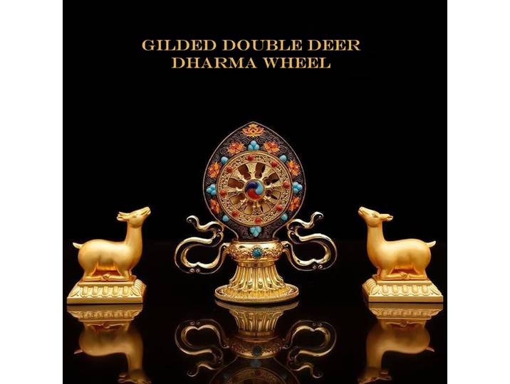Ornements de roue de dharma de cerf double doré, trésor de roue d'or tibétain peint en alliage, ornements de bureau bouddhistes tibétains