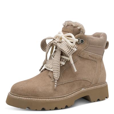 Winterboots TAMARIS, Damen, Gr. 39, Warmfutter, beige (taupe), Leder, Lederimitat, Textil, unifarben, Basic, Schuhe Winterboots, Blockabsatz, Winterstiefelette mit auffälligen Schnürsenkeln