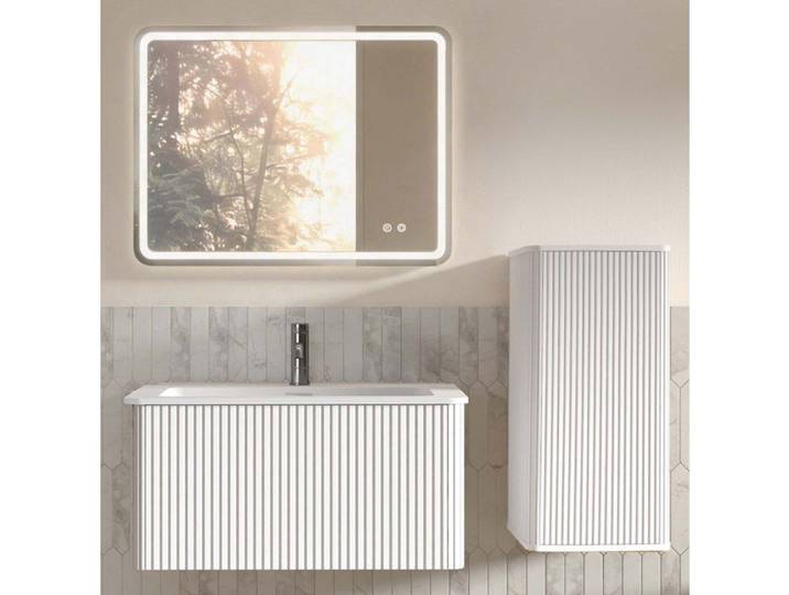 ROVRYN Meuble sous vasque suspendu 60 cm avec miroir LED anti-buée et colonne de rangement blanc mat