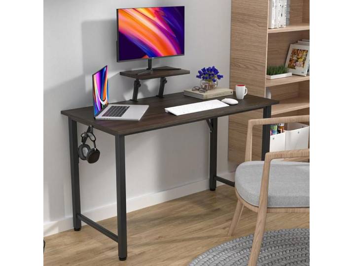 LVHCMFOHM Bureau 100x50cm avec Support Écran Réglable et Crochet Casque Cadre Métallique Noir pour Bureau ou Gaming