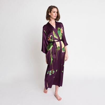 KIM + ONO Hand-Painted Crane Long Silk Kimono Robe   KIM+ONO - plum (final sale) / one size