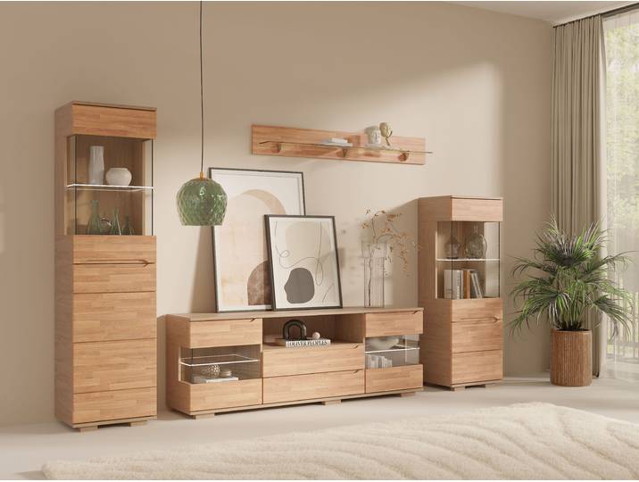 Wohnwand GOODPRODUCT VETRO: besteht aus 2 Vitrinen, 1 Lowboard & 1 Wandregal, Wohnzimmer. , braun (eichefarben), Kastenmöbel-Sets, Wohnwand, Breite:280cm,Türen aus Massivholz mit Glaseinsätzen,Korpus aus Melamin