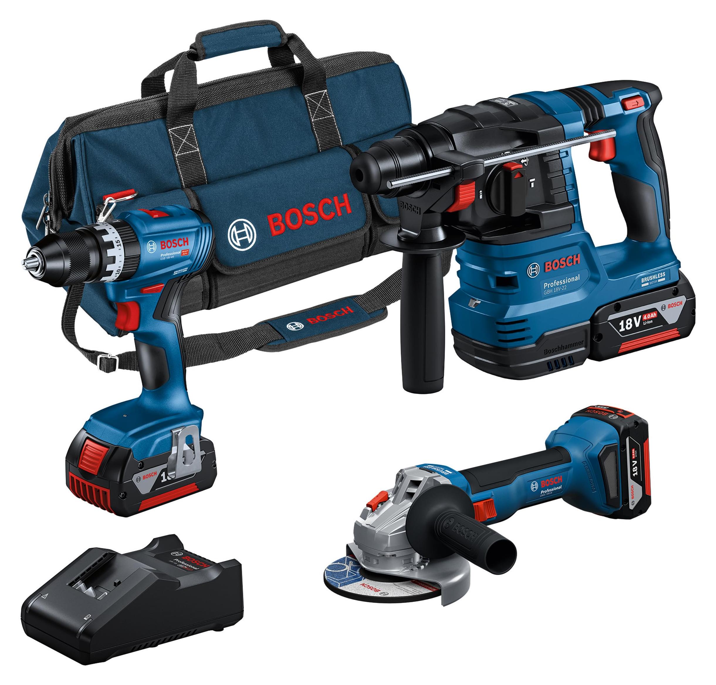 Bosch Professional 18V System Akku-Combo Kit: GSB 18V-45 + GBH 18V-22 + GWS 18V-