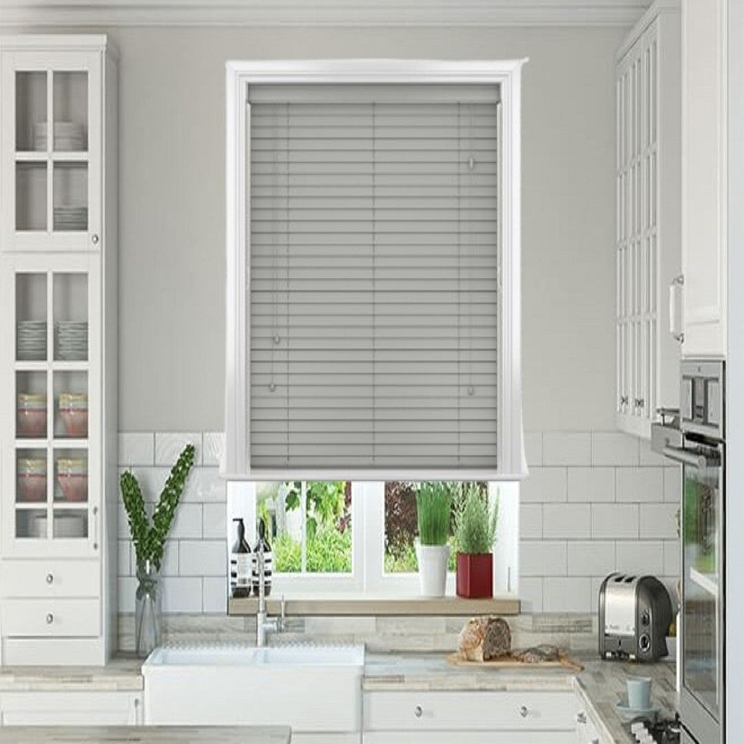 Symple Stuff PVC Faux Wood Venetian Blinds, Moisture Resistant Window Blinds for Home & Office Grey 213cm L x 150cm W
