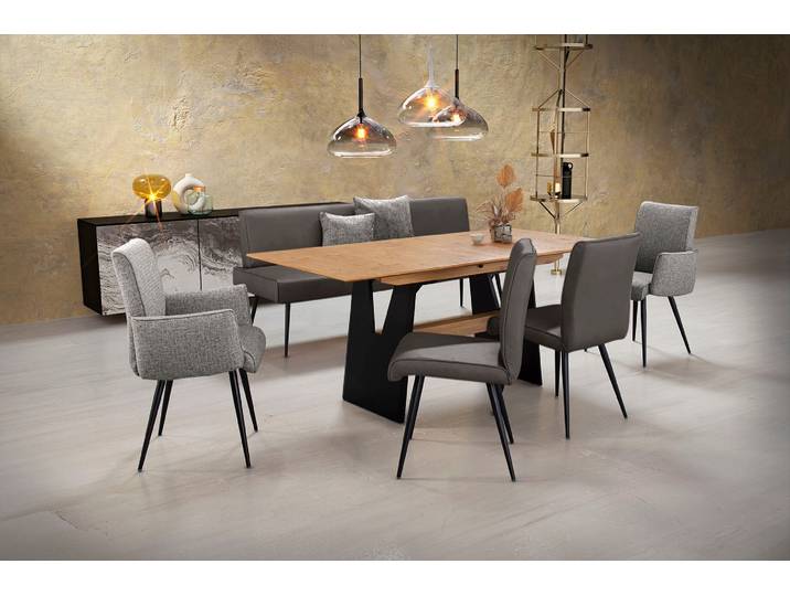 Essgruppe, Flachgewebe 775 & Leder CLOUD, Grau, Tisch 180–220 cm, Ausziehbar, Modern, K+W