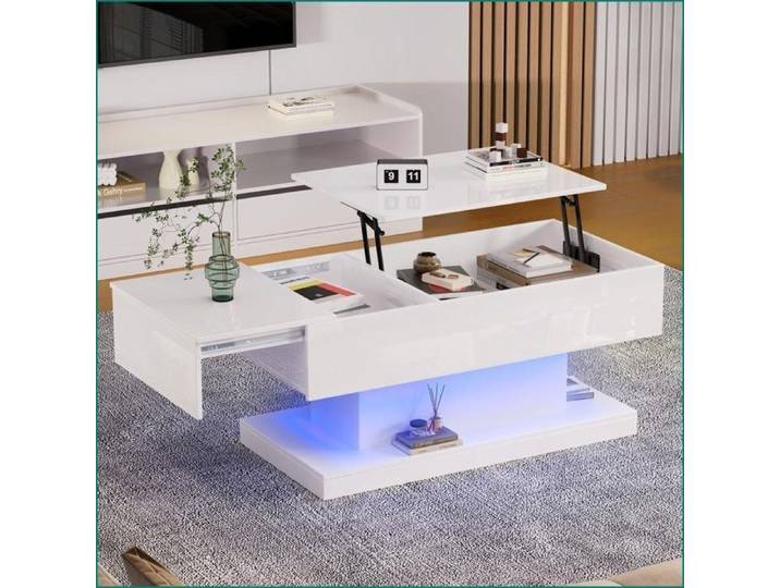 Tables de Salon - Table Basse avec Lift Hydraulique Glissement & LED - Blanc Hochglanz
