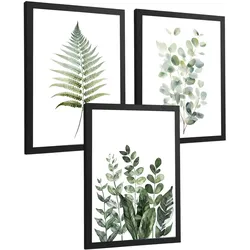 POSTER 3er Bilder-Set Wandbilder Botanisch Grün modern Wohnzimmer Deko, Schlafzimmer, Küche, Badezimmer Schwarzer Rahmen A3