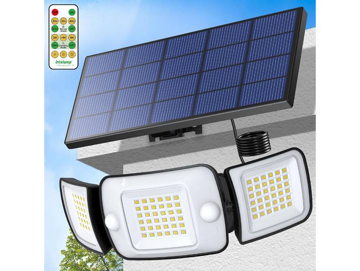 Lampes solaires d'extérieur Intelamp à longue autonomie (6000 mAh) avec grand panneau solaire et deux capteurs de mouvement pour jardin, cour, allée, garage