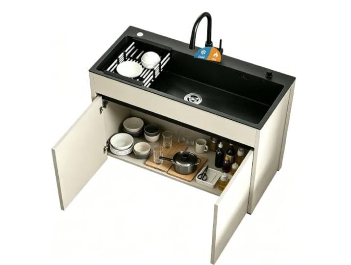 Freistehende Edelstahl-Spüle mit Unterschrank, Mehrzweckspüle, Aluminium-Schrank, Kalt-/Warmwasser-Armatur, Einzelbecken, Innen Außenbereich, Küche Bad（68cm）