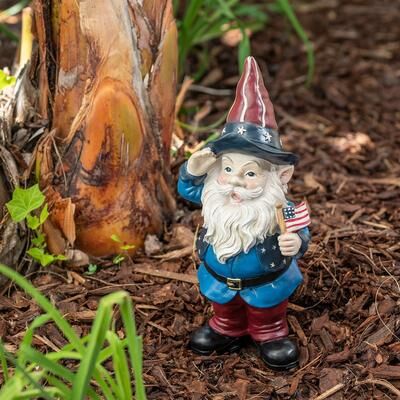 Alpine Corporation 12"" Tall Outdoor Patriotic Garden Gnome Saluting Yard Statue Decoration"