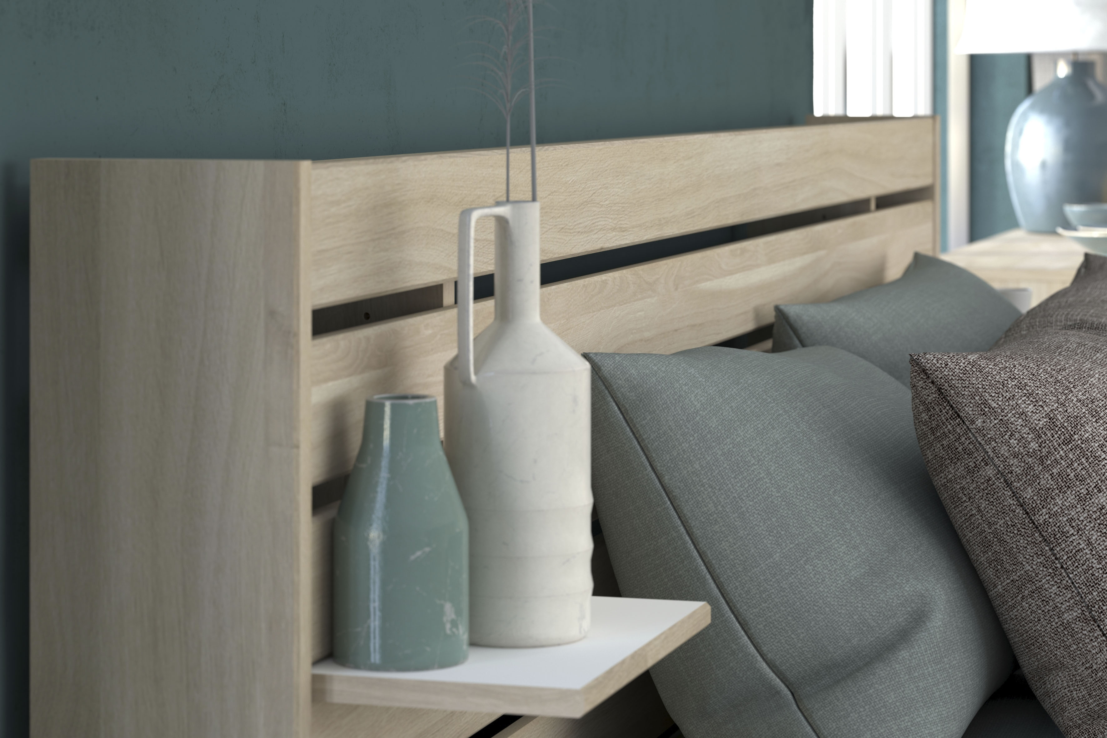 Stauraumbett PARISOT "Escale", beige (157, japanische eiche nachbildung, 157, japanische eiche nachbildung, 157, japanische eiche nachbildung), B:202,8cm H:99cm L:217cm, Betten, Stauraumbett, inklusive 2 Schubkästen auf Rollen 157, japanische eiche nachbi
