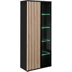 VITRINE schwarz, Eiche Jackson, Vitrinenschrank mit 3D-Lamellen inklusive Beleuchtung