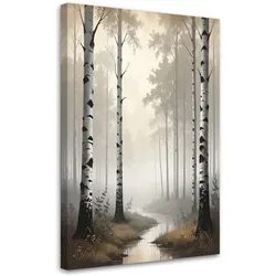 BILD auf Leinwand, Birkenwald Fluss Landschaft im Nebel Natur