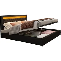 Polsterbett 140x200 mit Stauraum und LED-Beleuchtung – klassisches Design, PU-Bezug, Lattenrost inklusive, Schwarz