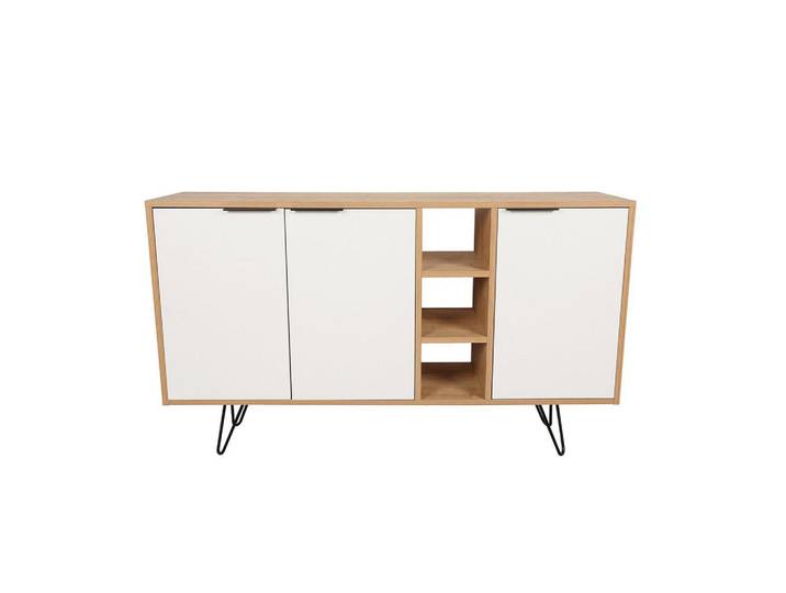 Calicosy Buffet 3 Nischen und 3 Türen L142 cm - Clara, Weiß, Eichefarben, 35.6x83x142 cm, Kleinmöbel, Kommoden, Sideboards
