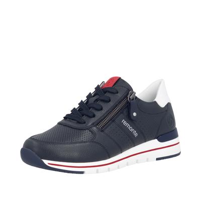 Keilsneaker REMONTE, Damen, Gr. 44, Textil, blau (nachtblau, weiß, rot), Leder, unifarben mit Farbeinsätzen, Schuhe Sneaker, mit gepolstertem Fußbett, Freizeitschuh, Halbschuh, Schnürschuh