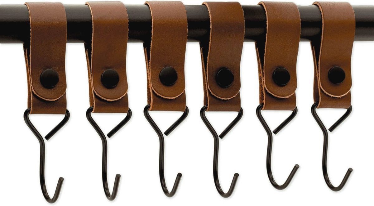 Multifunctionele Haken met Leren Lus - Cognac - Kledinghaken, Garderobehaken en Campinghaken