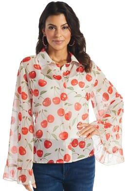 Masseys Ruffle Bell Sleeve Blouse (Size 5X) Cherries, Polyester
