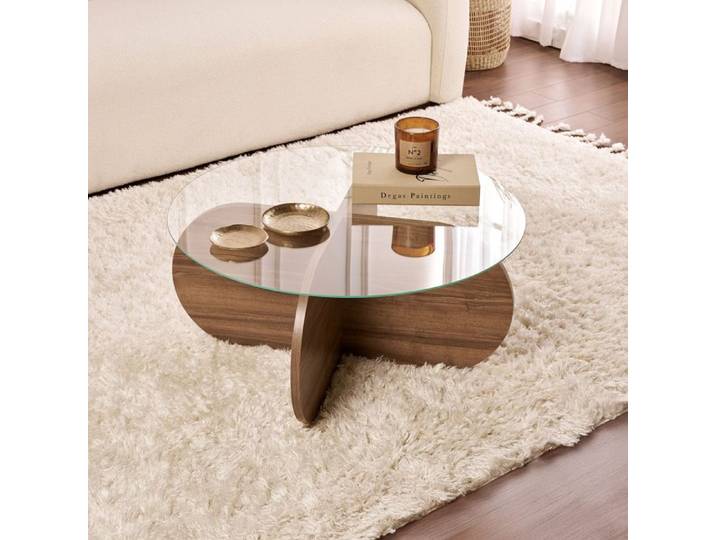 LILY - Table basse ronde en verre piètement couleur bois foncé D75 cm