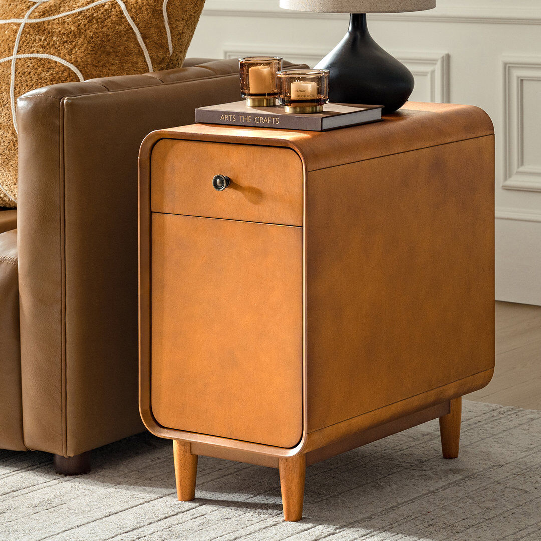 Rosalind Wheeler Elmaz MCM Solid Wood 1-Drawer And Legs End Table With Backside Magazine Rack Acorn 66.55cm H X 60.33cm W X 35.81cm D