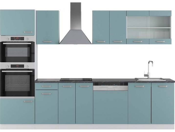 Küchenzeile Vicco R-Line Blau-Grau 300 cm mit Hochschrank, AP Anthrazit, Model 42370
