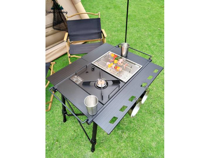 Table de camping pliante Lohascamping IGT, table à roulettes légère pour sac à dos, table de camping multifonctionnelle avec pieds réglables, table de barbecue avec brûleur