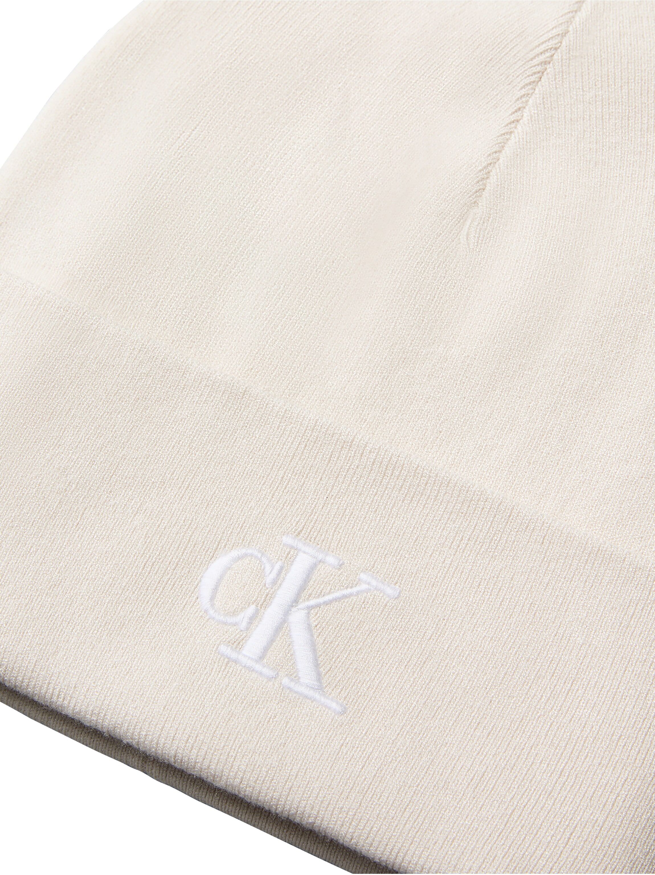 Beanie CALVIN KLEIN JEANS "CK FINE RIB BEANIE", Damen, light hay, Strick, Viskosemischung, unifarben, Mützen Beanie, Regular fit mit Markenlogo light hay Einheitsgröße