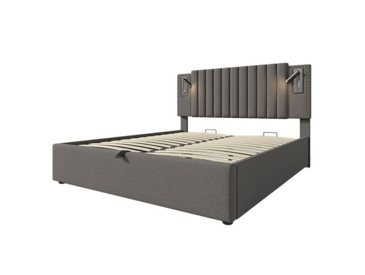 Lit tapissier double en coton gris 140x200cm