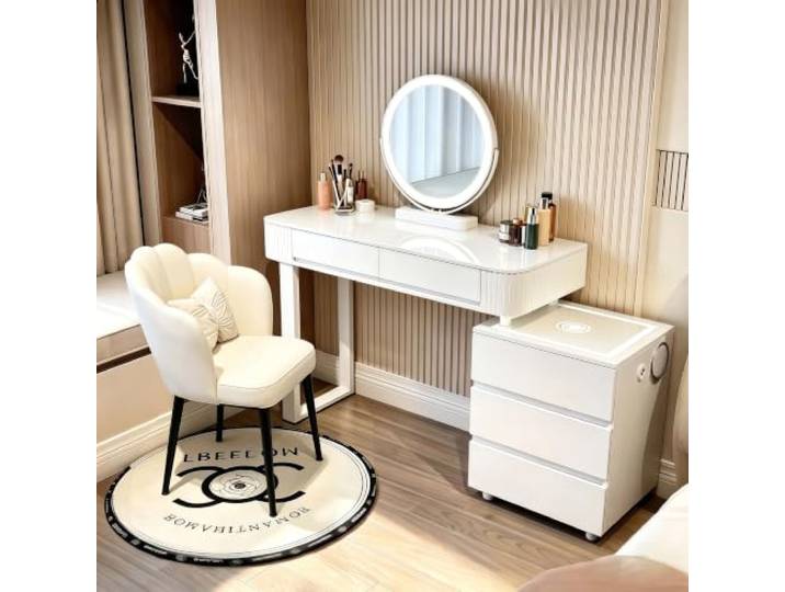 ANHFYS Schminktisch Set mit Spiegel und Stuhl, Vormontiert luxuriös Multifunktionaler Frisierkommode mit 5 Schubladen für Schlafzimmer, Metallgestell, Einfach zu Montieren