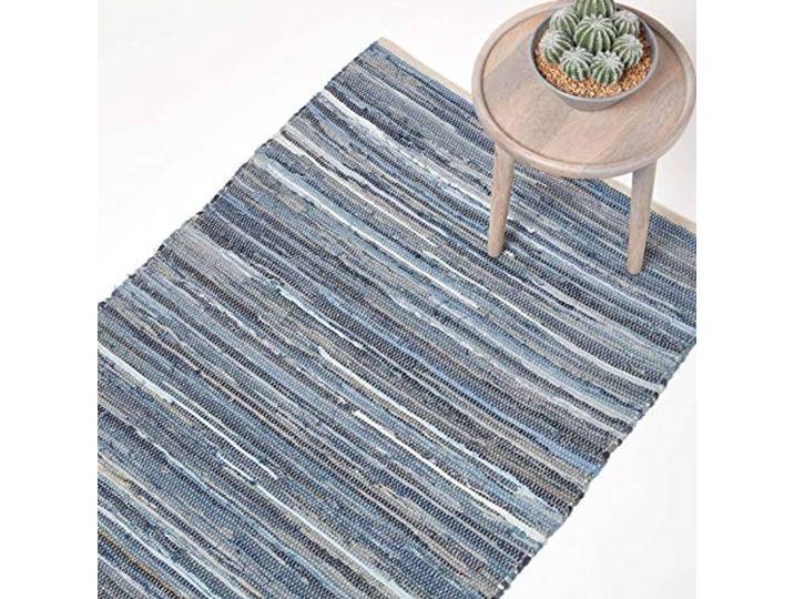 Homescapes Denim-Teppich 120x180 cm, blau gestreifter Flickenteppich handgewebt aus recyceltem Jeansstoff, Chindi-Stil, Flachgewebe, jedes Exemplar EIN Unikat