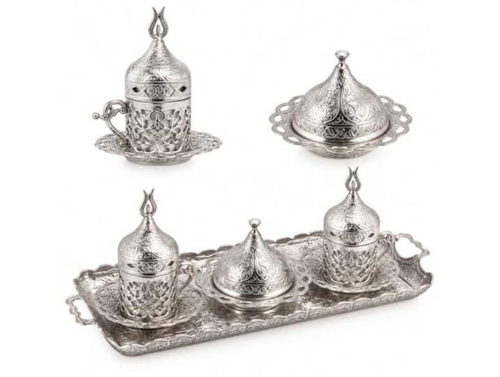 Alisveristime Ottomane Türkisch Griechisch Arabisch Espresso Kaffeetassen mit Untertasse und Deckel (2er Set) (Silber, Keramik, Tasse, coffee_cup, Kaffeetasse, 3098736031, 100 ml)