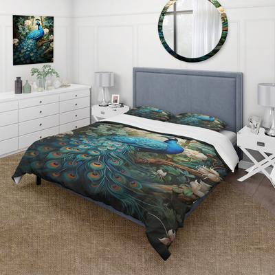 DESIGN ART "Designart ""Teal Peacock Monochrome"" Teal Children's Art - Bedding Cover Set With Shams"