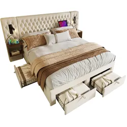 Polsterbett 160x200 cm, Beige Samt, inkl. 2 Nachttische, 4 Schubladen, Leselampen & USB-Anschlüsse – Komplett Set