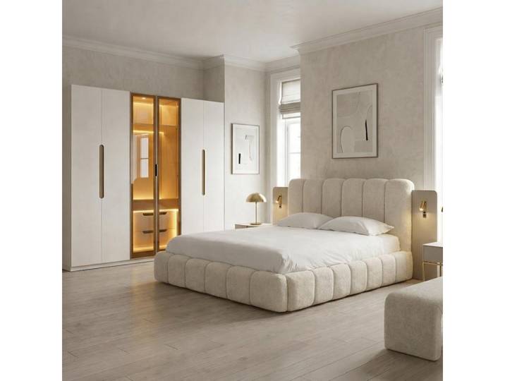 JVmoebel Schlafzimmer-Set Beiges Schlafzimmer-Set Doppelbett & großer Kleiderschrank, (2-tlg), Made in Europa