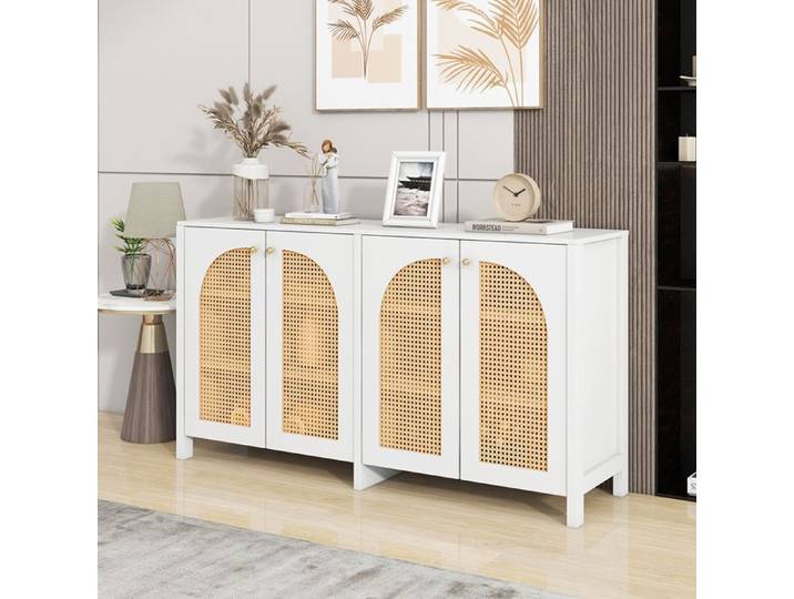 Buffet 4 portes en rotin poignée métallique simple meuble buffet - SWEIKO - Blanc