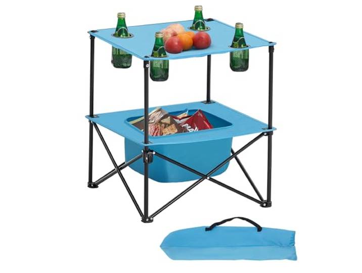 VEVOR Table Pliante de 56x56 cm\, Table de Camping Pique-Nique Portable Légère et Compacte\, en Tissu Oxford 600D\, Imperméable\, avec 4 Porte-gobelets et 1 Sac de Transport\, pour Voyage\, Soirée\, Bleu