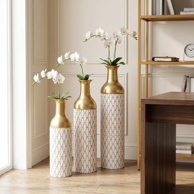 Kodotan sofa White and gold diamond-embossed floor vase set of 3, geometric textured tall vases, modern farmhouse style living room
